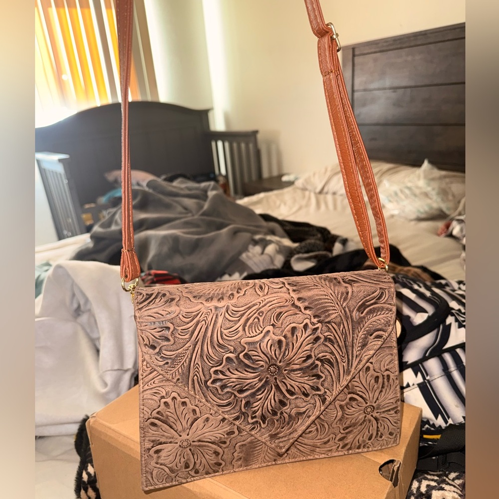 Elegant Floral Embossed Tan Shoulder Bag